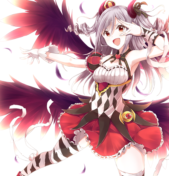 Anime picture 1000x1041 with idolmaster idolmaster cinderella girls kanzaki ranko hiiragi yashiro single long hair tall image looking at viewer open mouth simple background red eyes standing white background twintails grey hair drill hair multiple wings awakened devil lord girl thighhighs