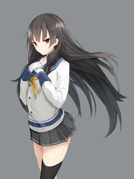 Anime picture 600x801 with kantai collection isokaze destroyer akiha (attract) single long hair tall image looking at viewer fringe black hair simple background red eyes wind grey background tress ribbon girl thighhighs gloves uniform ribbon (ribbons) hair ribbon
