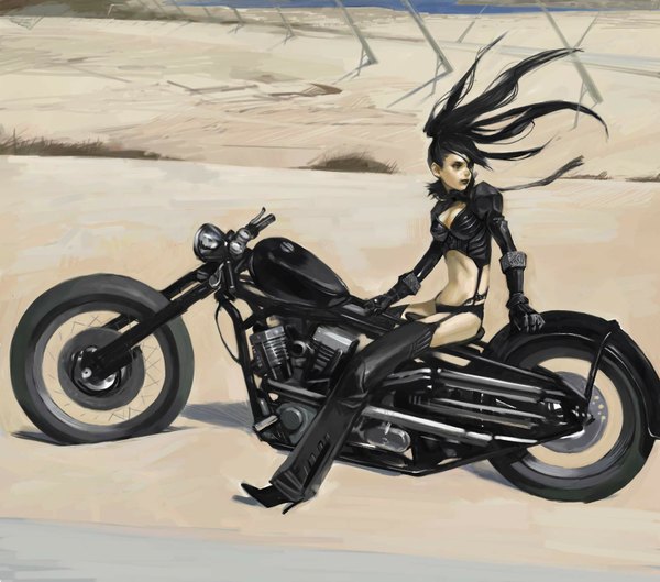 Anime picture 1700x1500 with original kiyohisa single long hair black hair brown eyes cleavage full body looking back wind midriff sand girl thighhighs gloves navel motorcycle