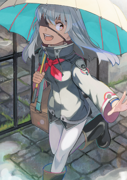 Anime picture 724x1023 with original rano single long hair tall image fringe open mouth yellow eyes looking away silver hair pink eyes outstretched arm multicolored eyes running girl plant (plants) pantyhose jacket bracelet umbrella