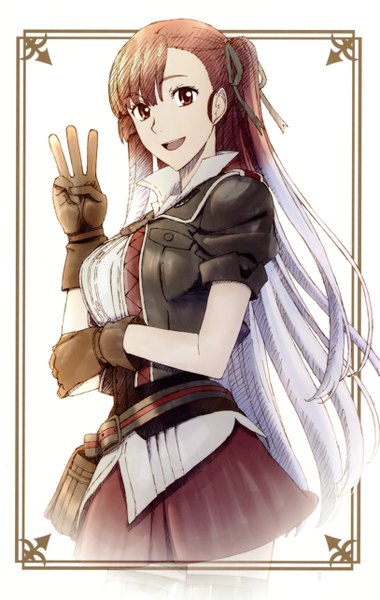 Anime picture 1626x2568 with valkyria chronicles riela marcellis single long hair tall image looking at viewer fringe breasts open mouth simple background smile red eyes brown hair large breasts white background white hair multicolored hair side ponytail gradient hair eyebrows