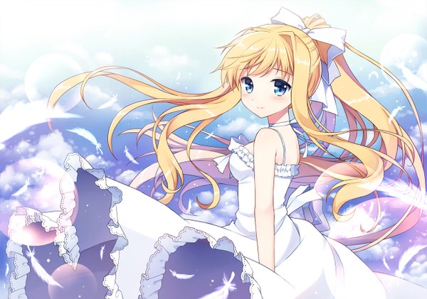 Anime picture 1280x900 with air key (studio) kamio misuzu mauve single long hair looking at viewer blush blue eyes blonde hair smile sky cloud (clouds) ponytail girl dress ribbon (ribbons) hair ribbon feather (feathers) sundress