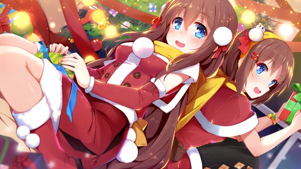 Anime picture 3840x2160 with original nerv110 long hair blush fringe highres short hair open mouth blue eyes hair between eyes brown hair wide image multiple girls absurdres bent knee (knees) dutch angle fur trim christmas back to back girl