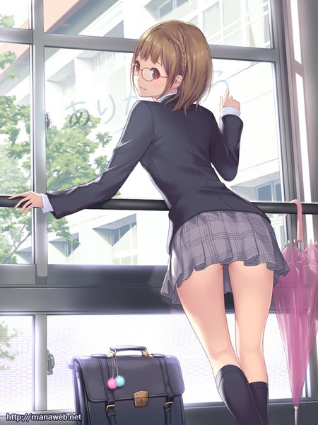 Anime picture 600x800 with ilog hata runa mana kakkowarai single tall image short hair light erotic smile brown hair brown eyes pleated skirt looking back closed umbrella girl skirt uniform plant (plants) school uniform tree (trees) socks