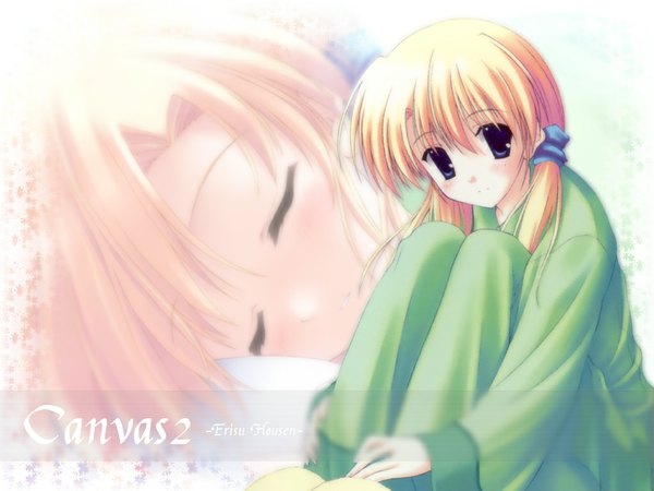 Anime picture 1024x768 with canvas 2 housen elis nanao naru single long hair looking at viewer blush fringe blue eyes blonde hair hair between eyes twintails eyes closed light smile wallpaper copyright name character names low twintails sleeping girl