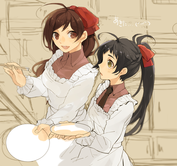 Anime picture 900x842 with kantai collection mamiya food supply ship irako food supply ship hita (hitapita) long hair open mouth black hair brown hair multiple girls brown eyes looking away ahoge ponytail :d profile text girl ribbon (ribbons) 2 girls hair ribbon