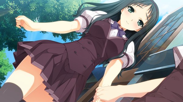 Anime picture 1920x1080 with berry's makinosawa ena hashimoto takashi long hair blush highres black hair wide image green eyes game cg holding hands girl thighhighs uniform black thighhighs plant (plants) school uniform tree (trees)
