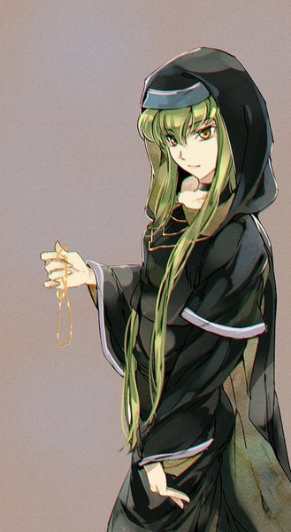 Anime picture 570x1039 with code geass sunrise (studio) c.c. meimi k single long hair tall image fringe simple background hair between eyes yellow eyes long sleeves green hair grey background wide sleeves eyebrows nun girl dress bow