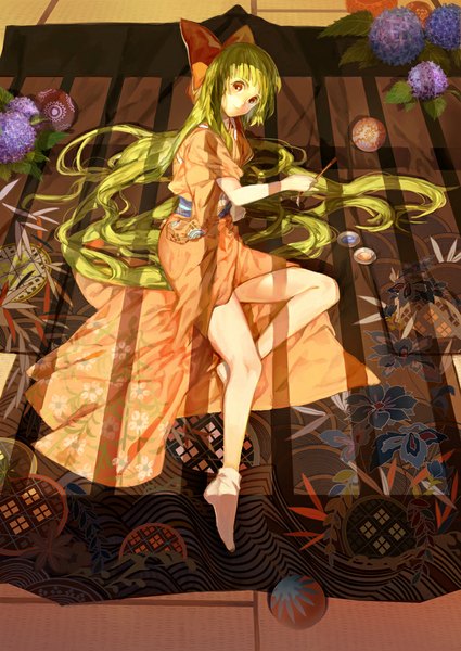 Anime picture 708x1000 with original biji single tall image looking at viewer red eyes sitting very long hair traditional clothes japanese clothes green hair no shoes girl flower (flowers) bow hair bow socks kimono white socks hydrangea
