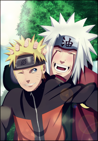 Anime picture 1000x1434 with naruto studio pierrot naruto (series) uzumaki naruto jiraiya exdarkstyle exdarkdemon long hair tall image blush short hair open mouth blue eyes blonde hair smile white hair eyes closed one eye closed wink sunlight