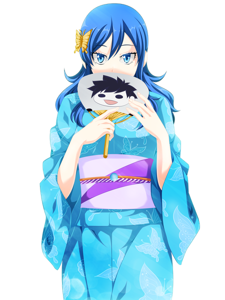 Anime picture 3600x4800 with fairy tail juvia lockser salim202 single long hair tall image highres blue eyes blue hair absurdres traditional clothes japanese clothes coloring transparent background girl hair ornament belt kimono hairclip obi