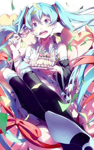 Anime picture 1100x1752 with vocaloid hatsune miku rosele single long hair tall image looking at viewer open mouth twintails bare shoulders nail polish aqua eyes aqua hair eating girl detached sleeves sweets knee boots cake