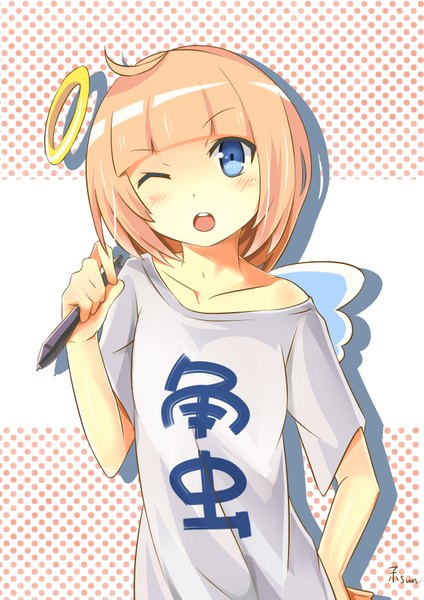 Anime picture 2480x3507 with original otaku (pixiv id4162402) single tall image looking at viewer blush highres short hair open mouth blue eyes blonde hair ahoge one eye closed wink shadow hieroglyph clothes writing wings halo t-shirt