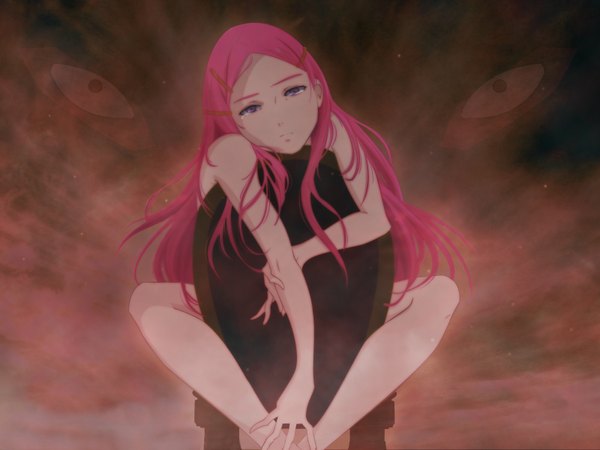 Anime picture 1600x1200 with eureka seven studio bones anemone afwells chiho saito single long hair looking at viewer light erotic purple eyes pink hair nude tears third-party edit eyes detexted headshop girl armchair