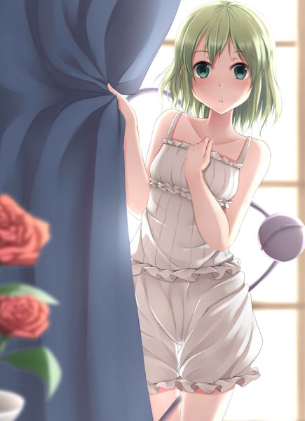 Anime picture 1109x1528 with touhou komeiji koishi nicoby single tall image blush fringe short hair standing bare shoulders green eyes green hair bare legs girl flower (flowers) shorts window rose (roses) curtains white shorts