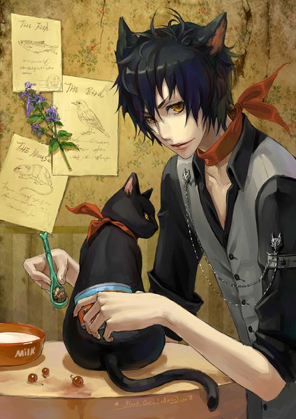 Anime picture 707x1000 with original axis (artist) single tall image looking at viewer fringe short hair black hair smile holding brown eyes signed animal ears yellow eyes parted lips multicolored hair cat ears hair over one eye floral print gradient hair