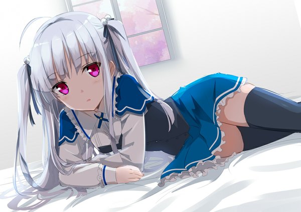 Anime picture 885x626 with absolute duo 8bit yurie sigtuna gotyou single long hair looking at viewer red eyes white hair two side up girl thighhighs dress uniform ribbon (ribbons) black thighhighs hair ribbon school uniform