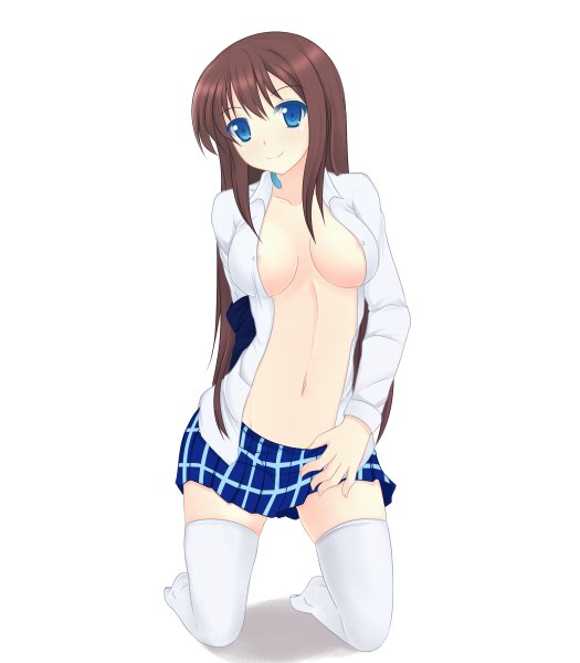 Anime picture 1050x1200 with accel world sunrise (studio) kurasaki fuuko nagamon single long hair tall image breasts blue eyes light erotic simple background brown hair white background open clothes midriff open shirt girl thighhighs skirt navel