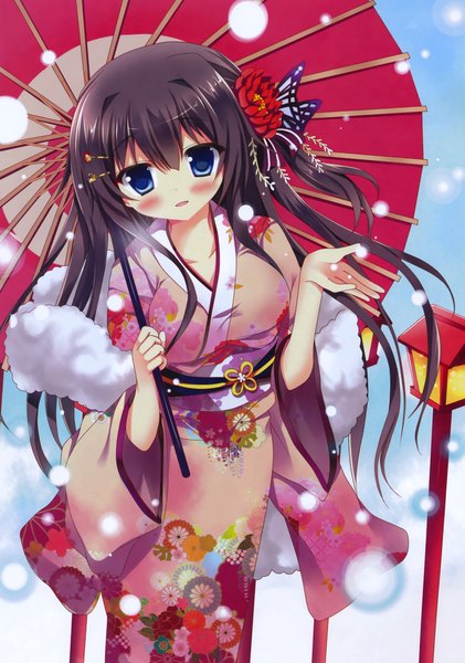 Anime picture 2210x3150 with original tagme (artist) single long hair tall image looking at viewer blush highres blue eyes black hair traditional clothes japanese clothes hair flower scan snowing winter girl hair ornament flower (flowers) kimono
