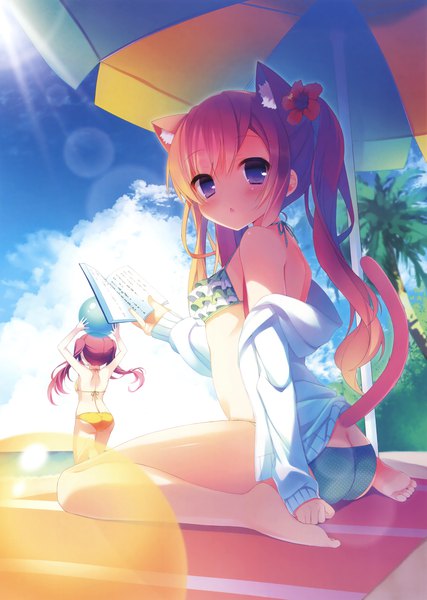 Anime picture 2494x3500 with original amamine long hair tall image looking at viewer blush highres light erotic sitting purple eyes twintails multiple girls animal ears sky cloud (clouds) ass red hair tail animal tail hair flower