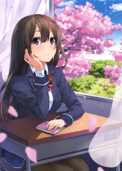 Anime picture 2489x3500 with original oryou single long hair tall image blush highres black hair smile purple eyes looking away scan official art cherry blossoms girl uniform school uniform petals desk