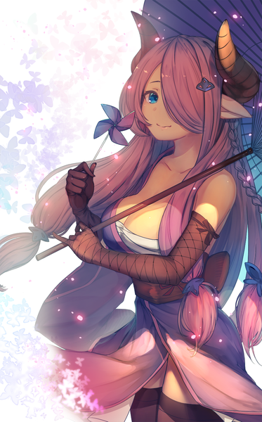 Anime picture 870x1400 with granblue fantasy narmaya (granblue fantasy) kotoribako single long hair tall image looking at viewer fringe breasts blue eyes light erotic smile large breasts bare shoulders pink hair cleavage braid (braids) horn (horns) hair over one eye tress ribbon