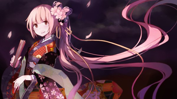 Anime picture 1280x720 with vocaloid megurine luka xkxkiroha single blush fringe smile wide image standing holding brown eyes looking away pink hair very long hair traditional clothes japanese clothes hair flower wind wide sleeves alternate costume