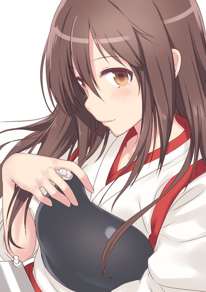 Anime picture 752x1062 with kantai collection akagi aircraft carrier hiraga matsuri single long hair tall image blush simple background brown hair white background brown eyes traditional clothes japanese clothes close-up girl armor breastplate muneate