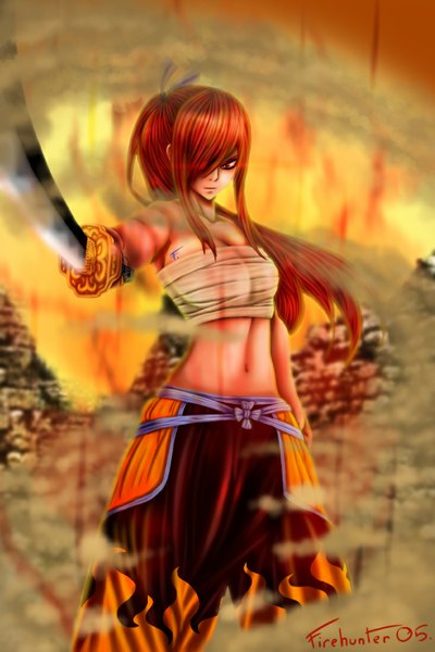 Anime picture 733x1100 with fairy tail erza scarlet sardoron single long hair tall image fringe light erotic red eyes ponytail red hair hair over one eye midriff coloring smoke girl navel bow weapon hair bow