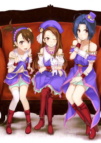 Anime picture 1753x2480 with idolmaster minase iori miura azusa futami ami 1000000000 long hair tall image looking at viewer blush highres short hair smile red eyes brown hair sitting bare shoulders multiple girls blue hair one eye closed wink