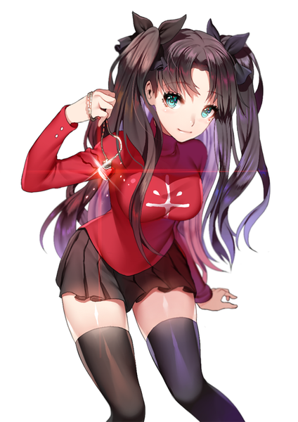 Anime picture 600x849 with fate (series) fate/stay night type-moon toosaka rin ruhee single long hair tall image looking at viewer fringe breasts blue eyes black hair simple background white background twintails holding pleated skirt leaning leaning forward
