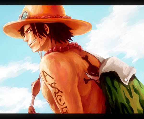 Anime picture 1229x1013 with one piece toei animation portgas d. ace tsuyomaru single short hair smile brown hair brown eyes sky cloud (clouds) profile looking back tattoo back topless boy hat jacket
