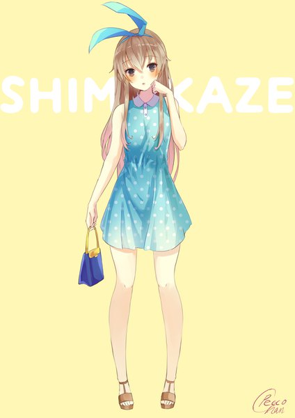 Anime picture 1061x1500 with kantai collection shimakaze destroyer amahara pekozaemon single long hair tall image looking at viewer blush fringe blonde hair hair between eyes standing bare shoulders holding brown eyes signed full body head tilt alternate costume sleeveless