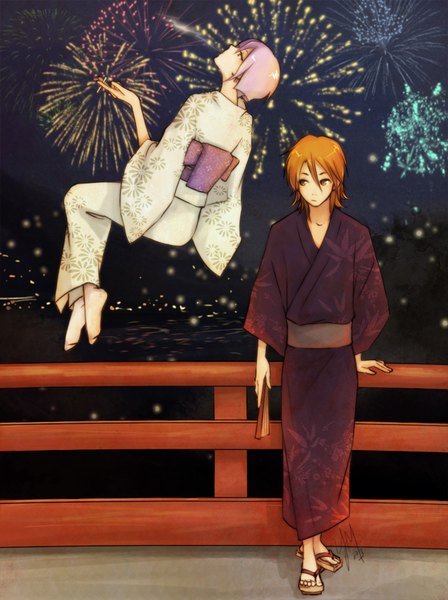 Anime picture 748x1000 with uchouten kazoku p.a. works shimogamo yasaburou benten-sama (uchouten kazoku) masquerade12 tall image fringe short hair hair between eyes standing brown eyes signed looking away purple hair full body bent knee (knees) traditional clothes japanese clothes profile orange hair