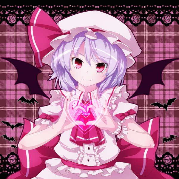 Anime picture 1500x1500 with touhou remilia scarlet nikka (cryptomeria) single short hair smile red eyes purple hair bat wings heart hands girl wings heart bonnet