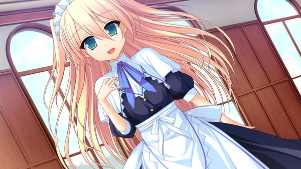 Anime picture 1280x720 with tiny dungeon (game) rosebleu long hair open mouth blue eyes blonde hair wide image game cg maid girl headdress maid headdress