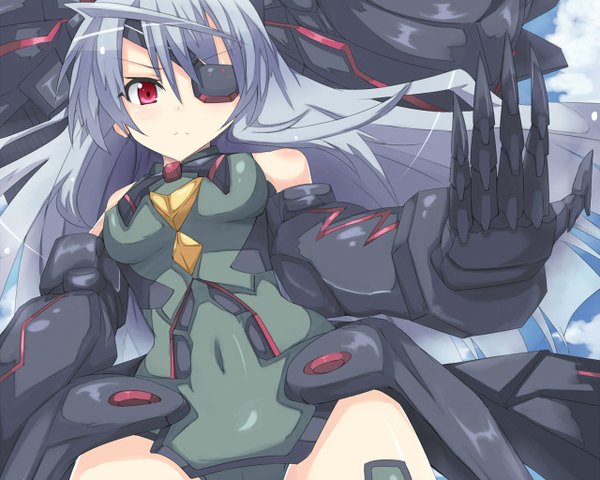 Anime picture 1280x1024 with infinite stratos 8bit laura bodewig single long hair blush red eyes bare shoulders silver hair mecha musume girl eyepatch mecha