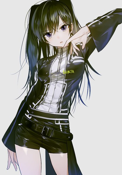 Anime picture 700x1000 with d.gray-man lenalee lee sorolp single long hair tall image looking at viewer fringe open mouth black hair simple background standing purple eyes twintails signed long sleeves parted lips head tilt arm up grey background
