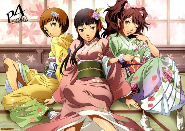 Anime picture 4200x2970 with persona 4 persona kujikawa rise satonaka chie amagi yukiko long hair blush highres short hair black hair brown hair sitting multiple girls brown eyes absurdres red hair japanese clothes one eye closed looking back hair flower