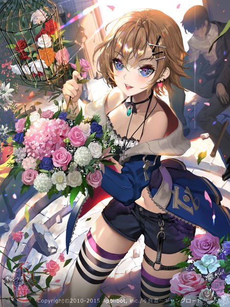 Anime picture 700x933 with furyou michi ~gang road~ tob tall image blush fringe short hair open mouth blue eyes black hair smile hair between eyes brown hair sitting bare shoulders holding ahoge bent knee (knees) indoors from above sunlight