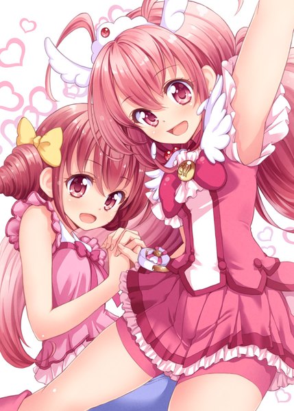 Anime picture 722x1010 with precure smile precure! toei animation hoshizora miyuki cure happy tokunou shoutarou long hair tall image blush fringe short hair open mouth hair between eyes twintails multiple girls looking away pink hair ahoge pink eyes arm up