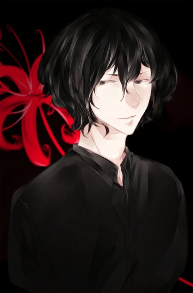 Anime picture 792x1200 with original gubo single tall image short hair black hair simple background looking away black eyes black background boy flower (flowers) shirt higanbana black shirt