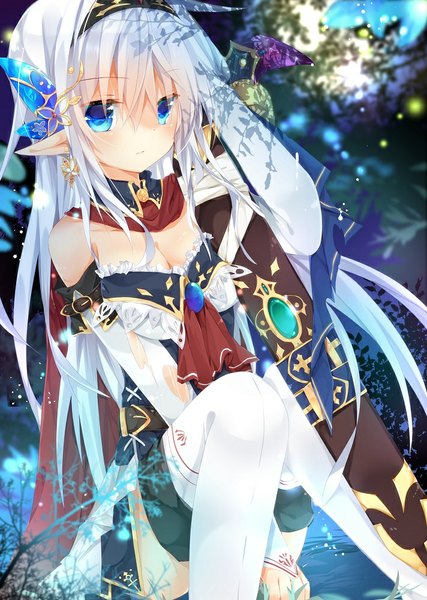 Anime picture 712x1000 with original kazeshiro kazeto single long hair tall image looking at viewer blush blue eyes sitting bare shoulders white hair pointy ears girl thighhighs hair ornament ribbon (ribbons) weapon plant (plants) hair ribbon earrings