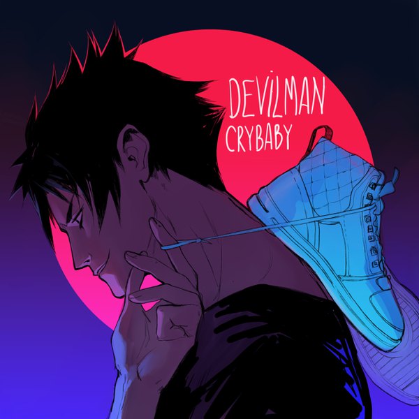 Anime picture 2500x2500 with devilman devilman crybaby fudou akira marinapriv single highres short hair black hair smile upper body head tilt profile black eyes inscription copyright name dark background shoes removed boy shoes sneakers