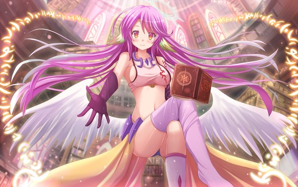 Anime picture 1900x1200 with no game no life madhouse jibril (no game no life) kazenokaze single long hair looking at viewer blush highres light erotic smile purple hair orange eyes crossed legs low wings girl thighhighs gloves white thighhighs wings