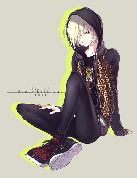 Anime picture 1386x1800 with yuri!!! on ice mappa yuri plisetsky aiko (aiko 54) single tall image fringe short hair blonde hair simple background sitting green eyes full body hair over one eye grey background arm support open jacket character names dated happy birthday