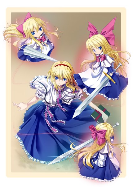 Anime picture 1295x1812 with touhou alice margatroid shanghai kuga (rinkane) tall image looking at viewer short hair blue eyes blonde hair girl dress bow weapon sword hairband doll (dolls) lance