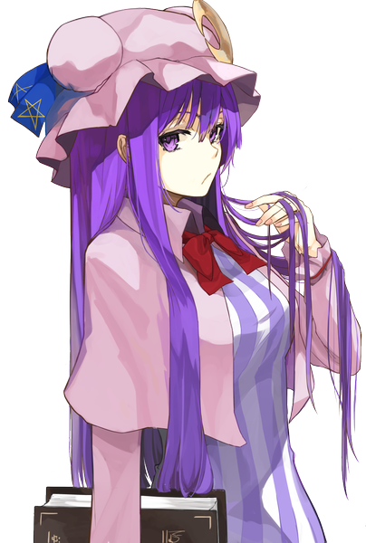 Anime picture 1015x1505 with touhou patchouli knowledge miruto netsuki single long hair tall image looking at viewer purple eyes purple hair adjusting hair transparent background crescent girl hat book (books) moon