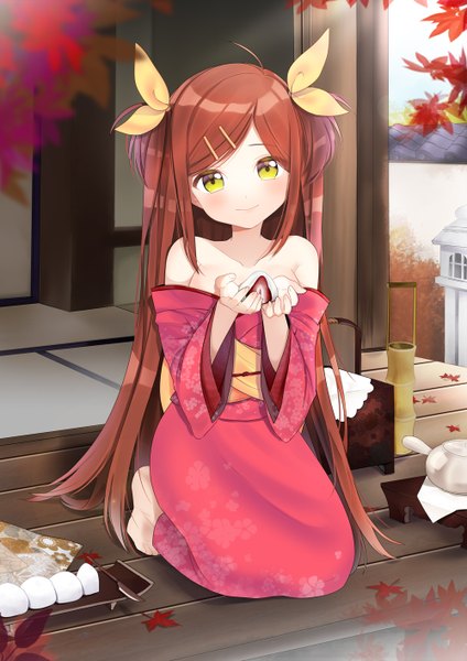 Anime picture 1000x1414 with original nacsi (amo) single tall image looking at viewer blush smile brown hair bare shoulders green eyes very long hair traditional clothes japanese clothes girl bow hair bow kimono hairclip obi