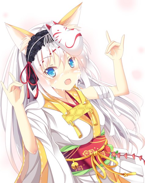 Anime picture 1000x1263 with original nibiiro shizuka long hair tall image blush open mouth blue eyes simple background white hair traditional clothes teeth fang (fangs) fox ears fox girl mask on head fox shadow puppet girl obi mask suggestive fluid